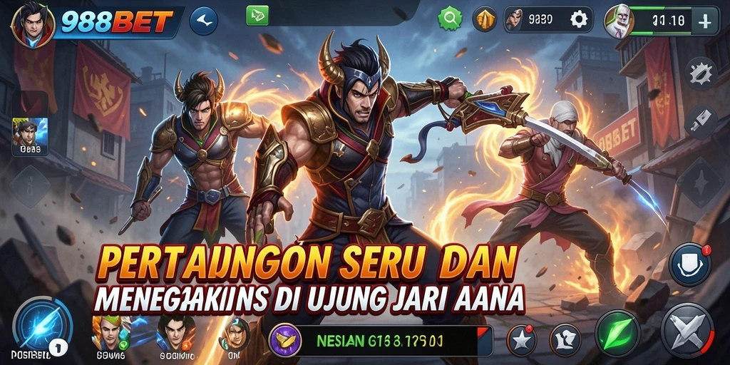 Screenshot gameplay 988BET menampilkan pertarungan epik antara dua karakter yang kuat.