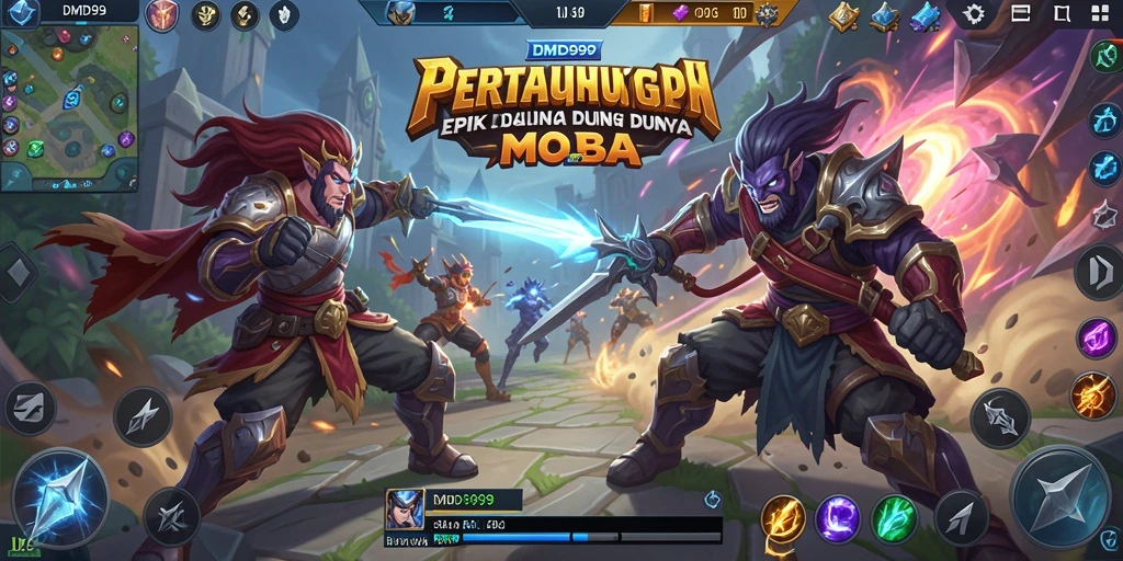 Screenshot menarik dengan pertarungan karakter di arena MOBA.