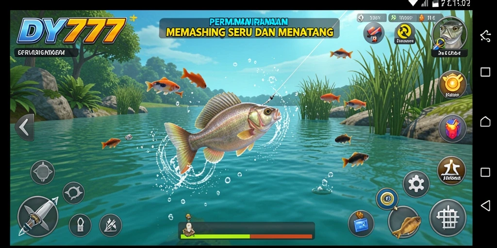 Gameplay seru dalam DY777 dengan beragam ikan dan lokasi memancing.