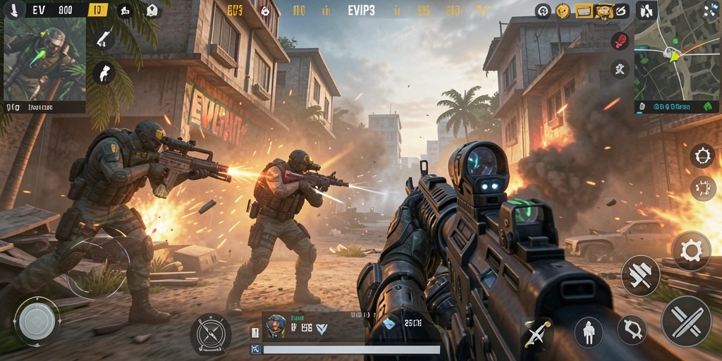Screenshot menunjukkan aksi intens di gameplay EVIP3 dengan grafis menawan.