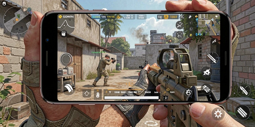 Screenshot gameplay GOWIN menampilkan aksi menembak yang seru.