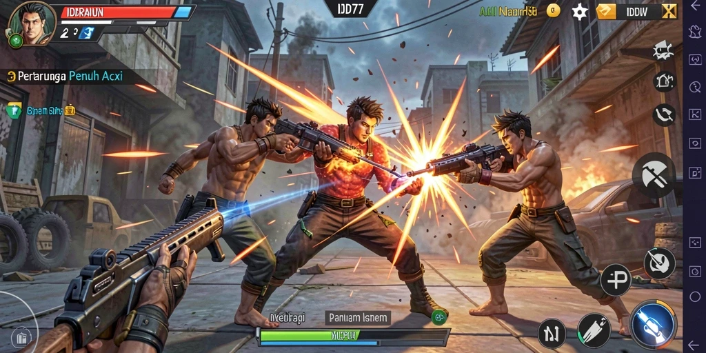 Screenshot permainan menunjukkan pertarungan aksi yang mendebarkan di IDR77.