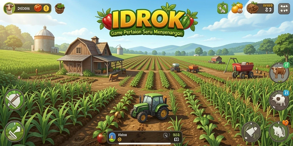 Tangkapan layar utama <strong>IDROK</strong> menunjukkan gameplay pertanian yang menyenangkan.