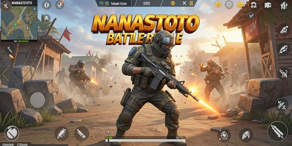Gameplay seru NANASTOTO menampilkan pertempuran intens di arena Battle Royale.