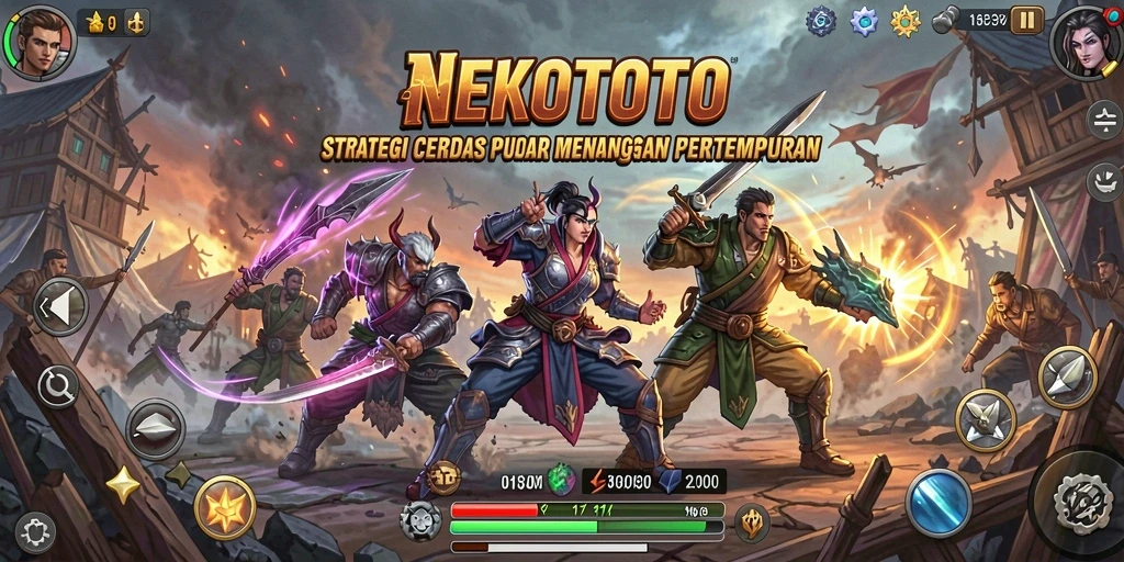 Tangkapan layar utama NEKOTOTO menampilkan aksi pertempuran dan strategi.