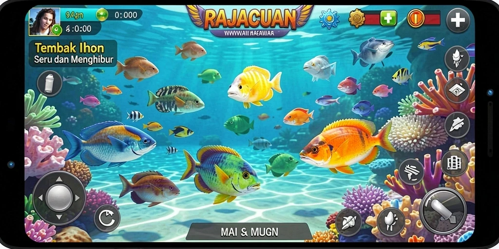 Screenshot gameplay RAJACUAN yang menampilkan aksi menembak ikan.