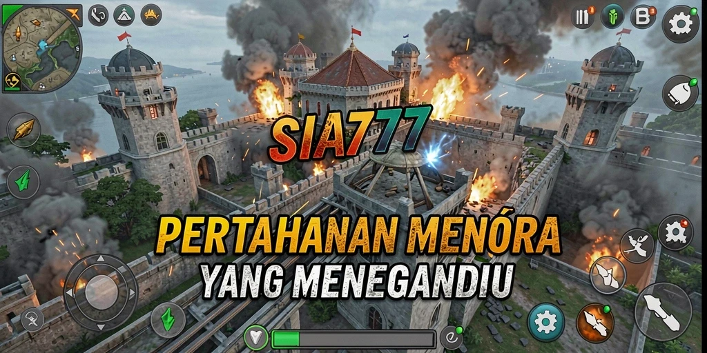 Tampilan utama dari gameplay SIA777 dengan menara dan gelombang musuh yang intens.