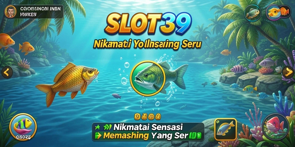 Tampilan gameplay SLOT39 dengan berbagai ikan yang menarik dan lokasi memancing.