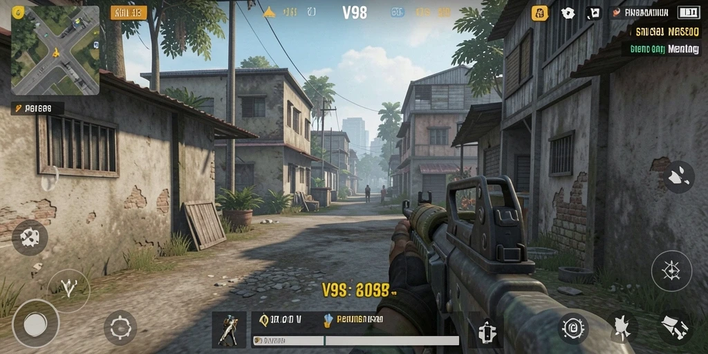 Tangkapan layar gameplay V98 yang menunjukkan aksi tembak-menembak mendebarkan.